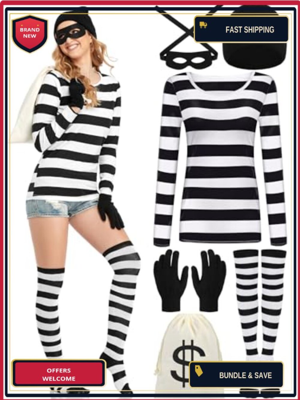Women's Robber Costume Set Striped Shirt Gloves Hat Socks Halloween Burglar